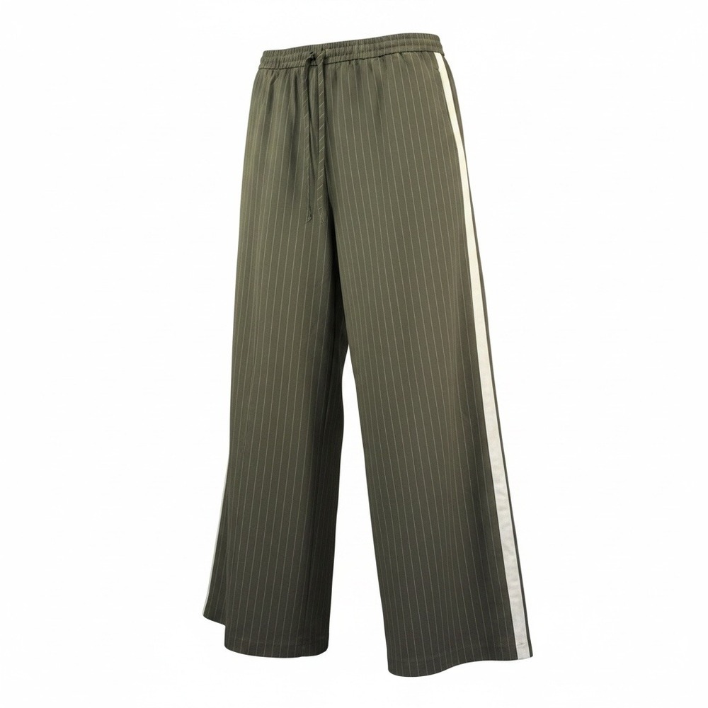 ZARA Pinstripe Wide Leg Pants XXL Olive Green Side Stripe Drawstring